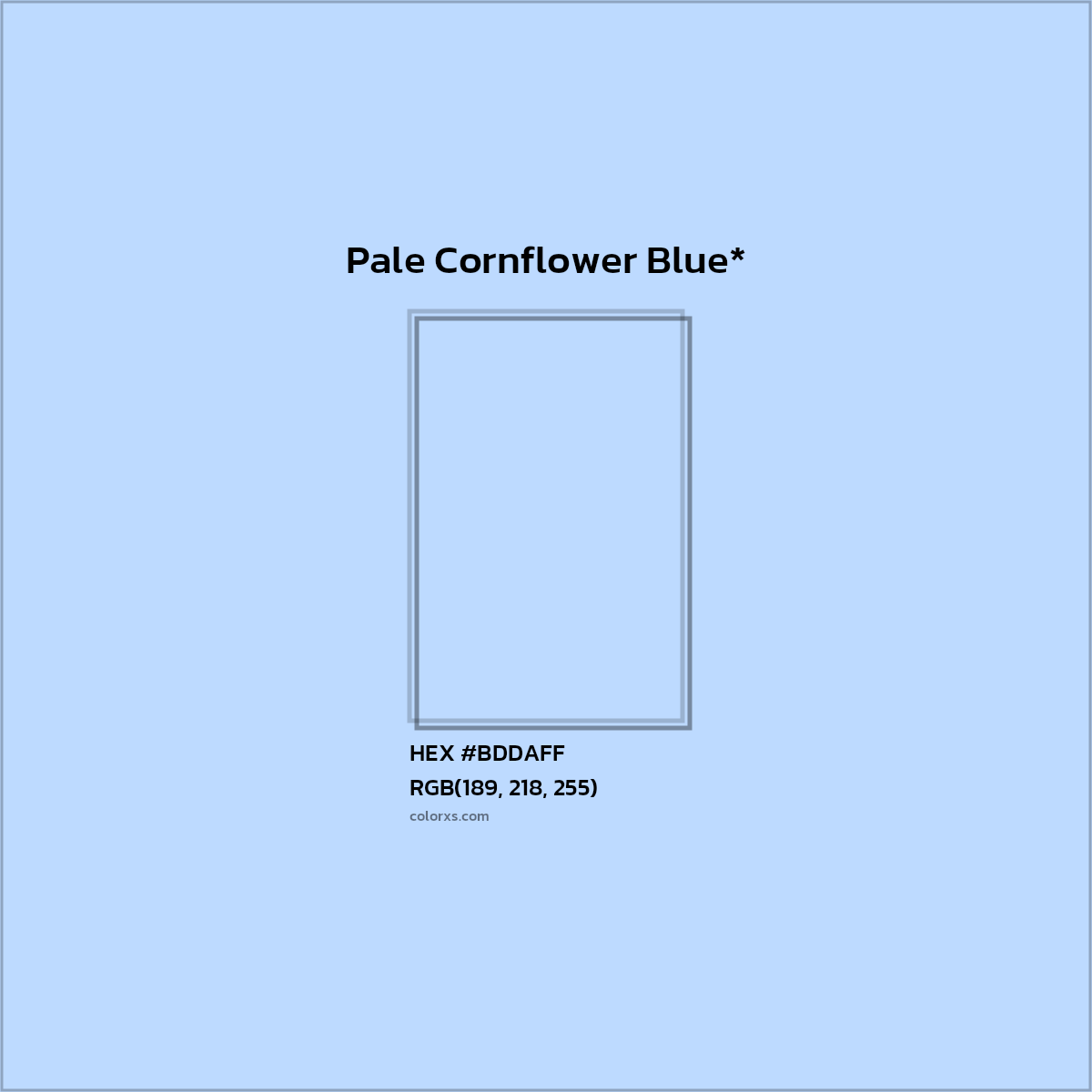 #BDDAFF hex color. RGB, RYB, CMYK, HSL, HSV codes and color conversions. Matching color names, palettes, paints.