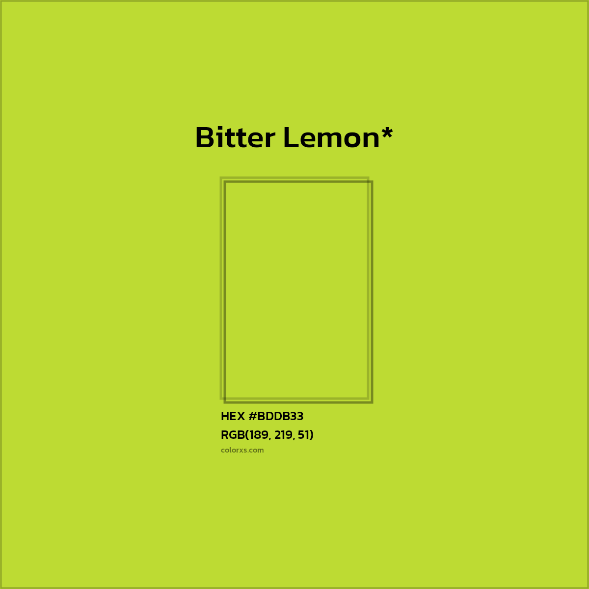 #BDDB33 hex color. RGB, RYB, CMYK, HSL, HSV codes and color conversions. Matching color names, palettes, paints.