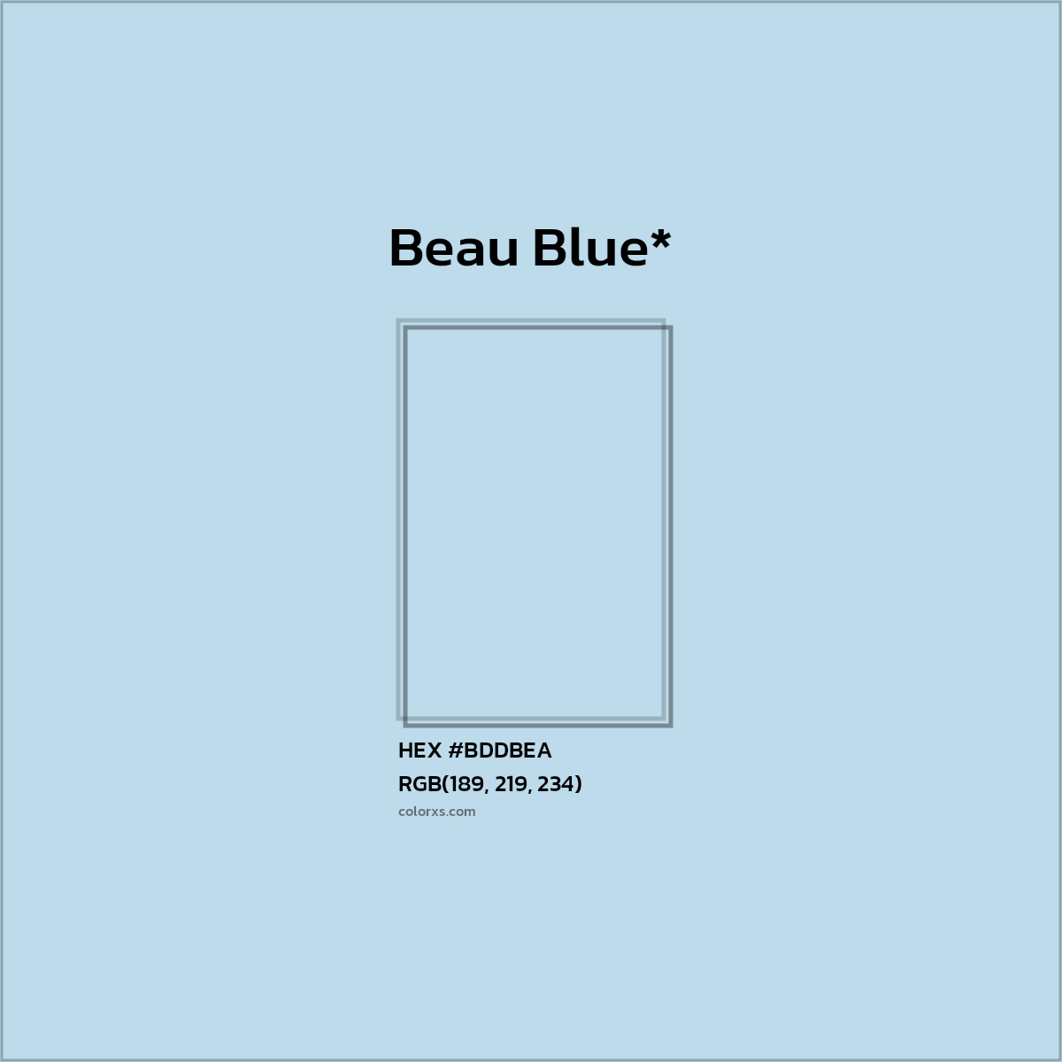 #BDDBEA hex color. RGB, RYB, CMYK, HSL, HSV codes and color conversions. Matching color names, palettes, paints.