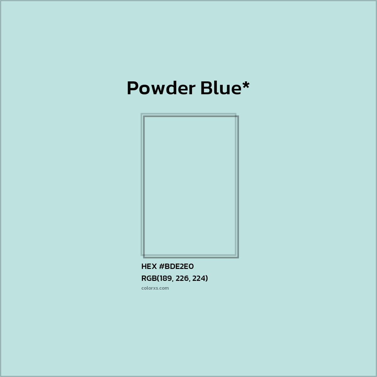 #BDE2E0 hex color. RGB, RYB, CMYK, HSL, HSV codes and color conversions. Matching color names, palettes, paints.