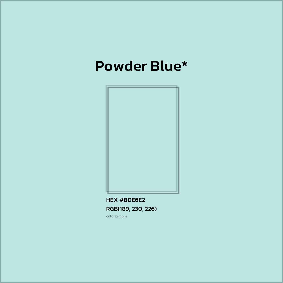 #BDE6E2 hex color. RGB, RYB, CMYK, HSL, HSV codes and color conversions. Matching color names, palettes, paints.