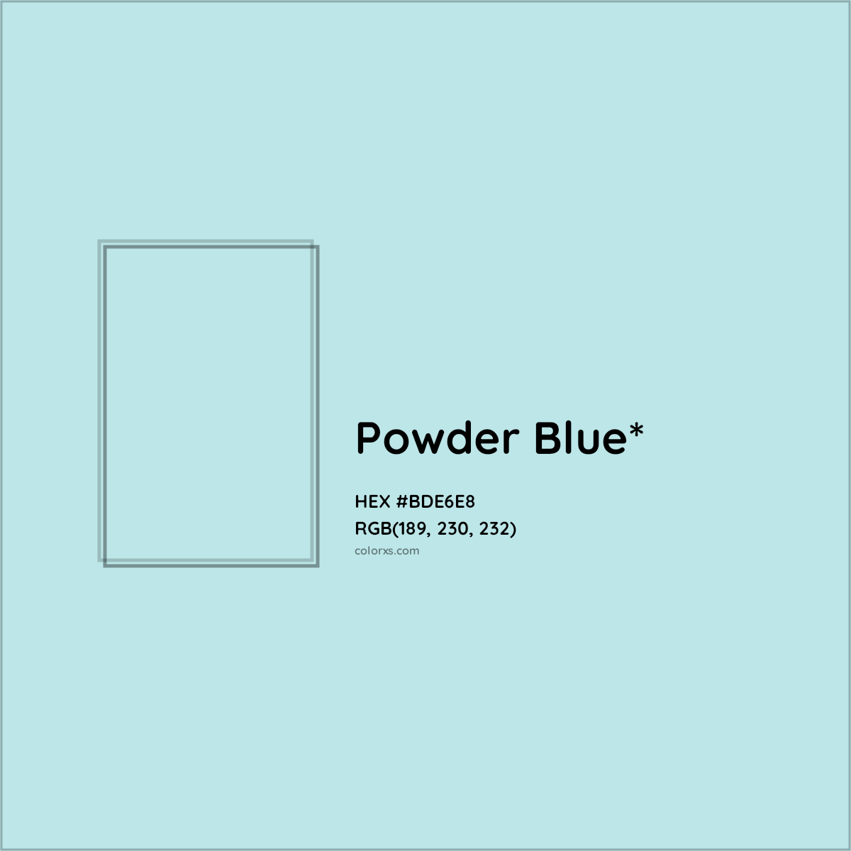 #BDE6E8 hex color. RGB, RYB, CMYK, HSL, HSV codes and color conversions. Matching color names, palettes, paints.