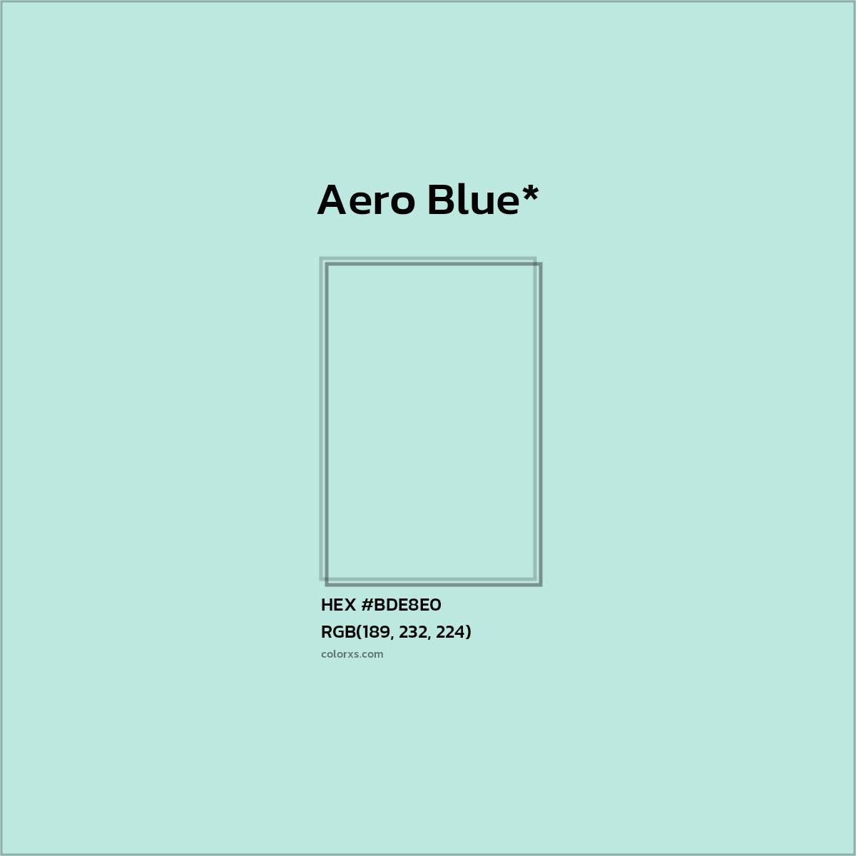 #BDE8E0 hex color. RGB, RYB, CMYK, HSL, HSV codes and color conversions. Matching color names, palettes, paints.