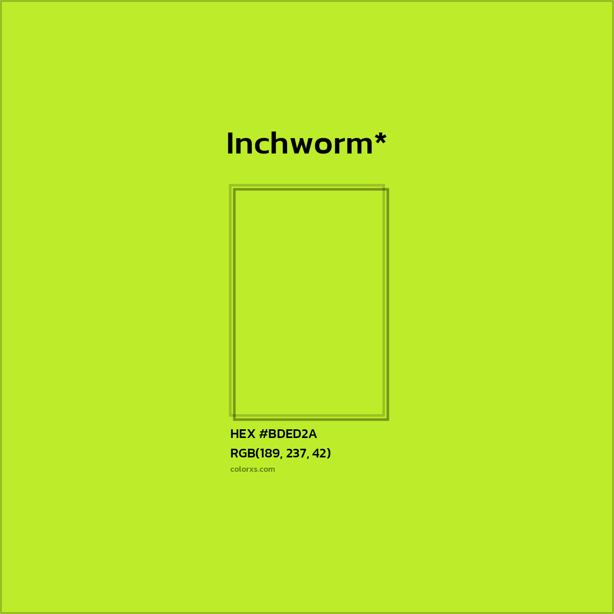 #BDED2A hex color. RGB, RYB, CMYK, HSL, HSV codes and color conversions. Matching color names, palettes, paints.