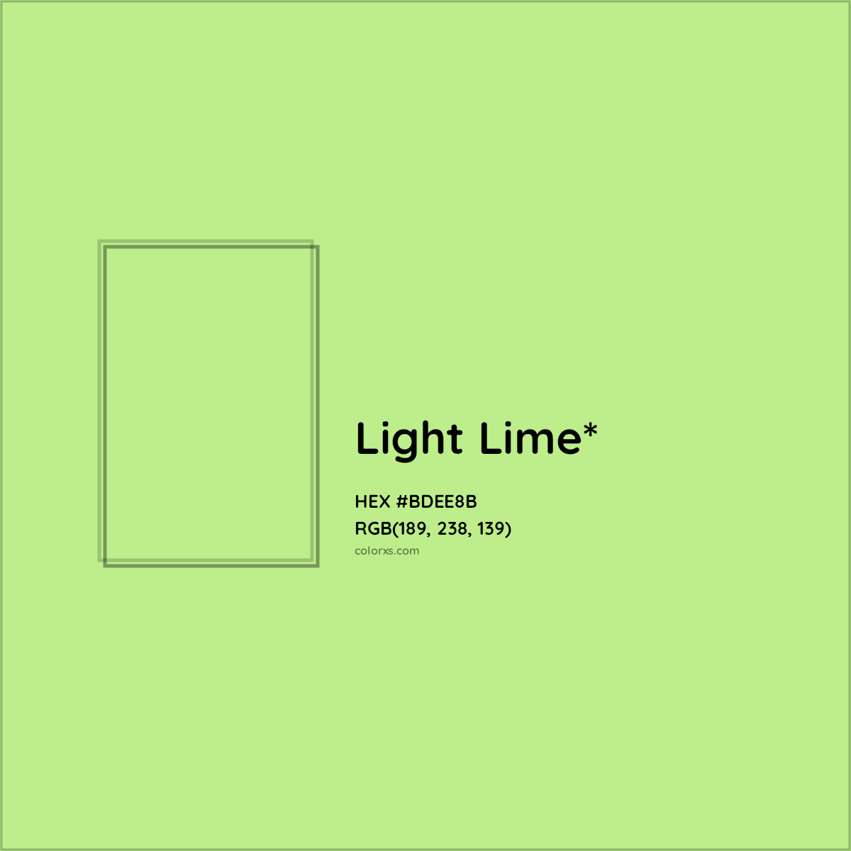 #BDEE8B hex color. RGB, RYB, CMYK, HSL, HSV codes and color conversions. Matching color names, palettes, paints.