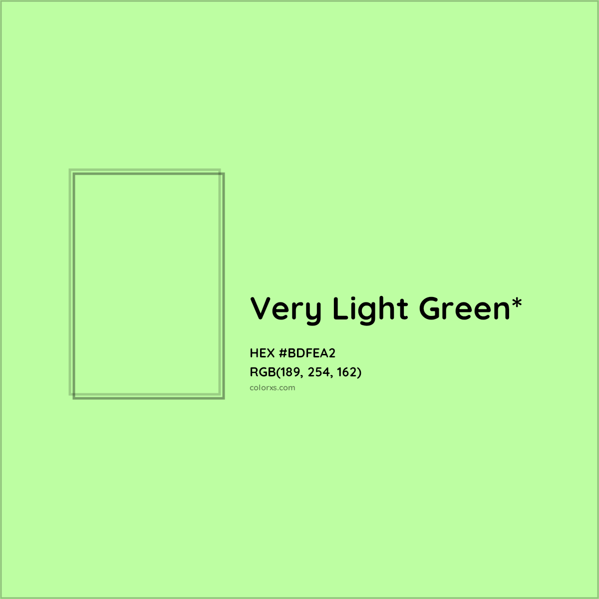 #BDFEA2 hex color. RGB, RYB, CMYK, HSL, HSV codes and color conversions. Matching color names, palettes, paints.