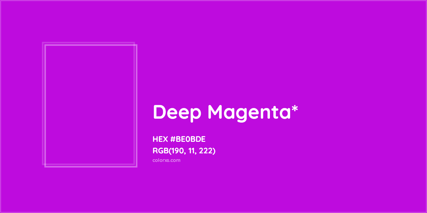 #BE0BDE hex color. RGB, RYB, CMYK, HSL, HSV codes and color conversions. Matching color names, palettes, paints.