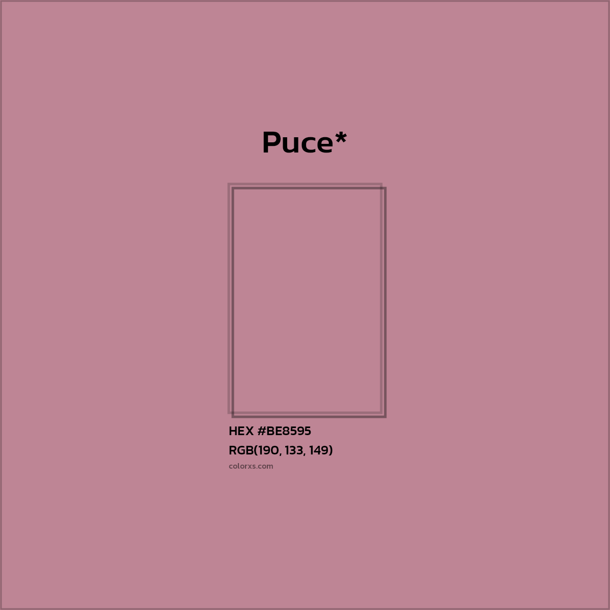 #BE8595 hex color. RGB, RYB, CMYK, HSL, HSV codes and color conversions. Matching color names, palettes, paints.