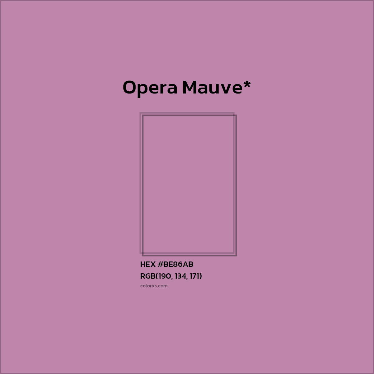 #BE86AB hex color. RGB, RYB, CMYK, HSL, HSV codes and color conversions. Matching color names, palettes, paints.