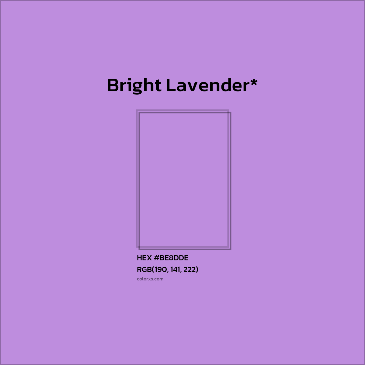 #BE8DDE hex color. RGB, RYB, CMYK, HSL, HSV codes and color conversions. Matching color names, palettes, paints.
