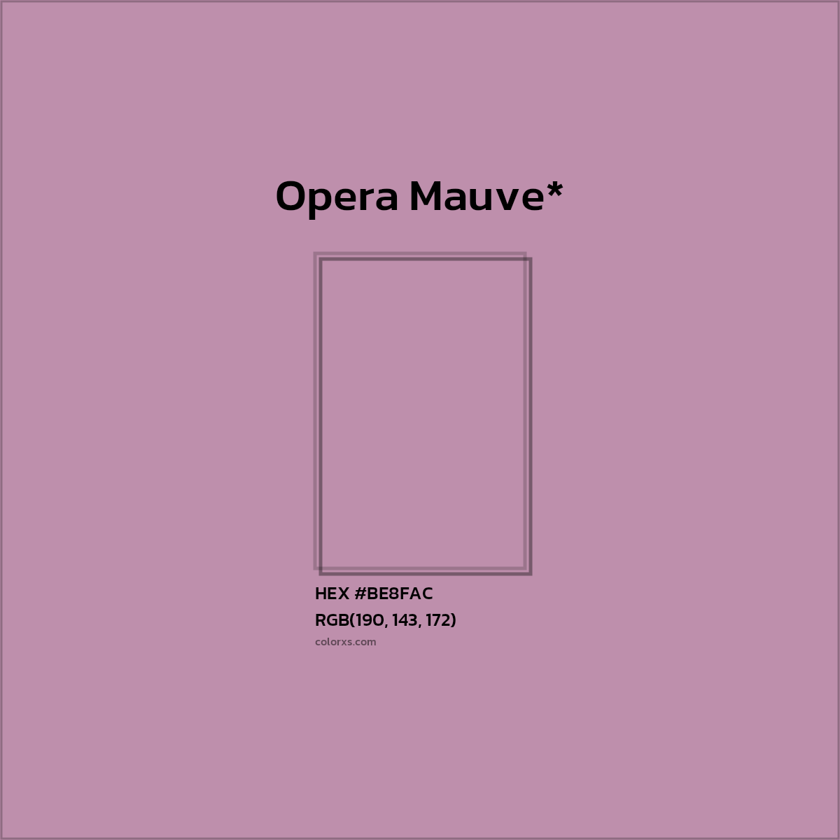 #BE8FAC hex color. RGB, RYB, CMYK, HSL, HSV codes and color conversions. Matching color names, palettes, paints.