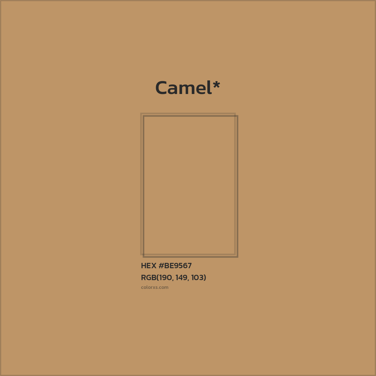#BE9567 hex color. RGB, RYB, CMYK, HSL, HSV codes and color conversions. Matching color names, palettes, paints.