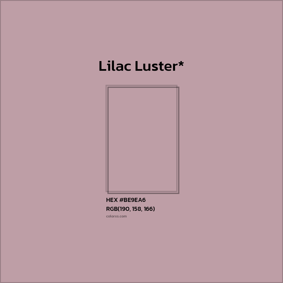 #BE9EA6 hex color. RGB, RYB, CMYK, HSL, HSV codes and color conversions. Matching color names, palettes, paints.