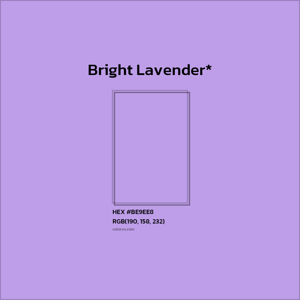 #BE9EE8 hex color. RGB, RYB, CMYK, HSL, HSV codes and color conversions. Matching color names, palettes, paints.