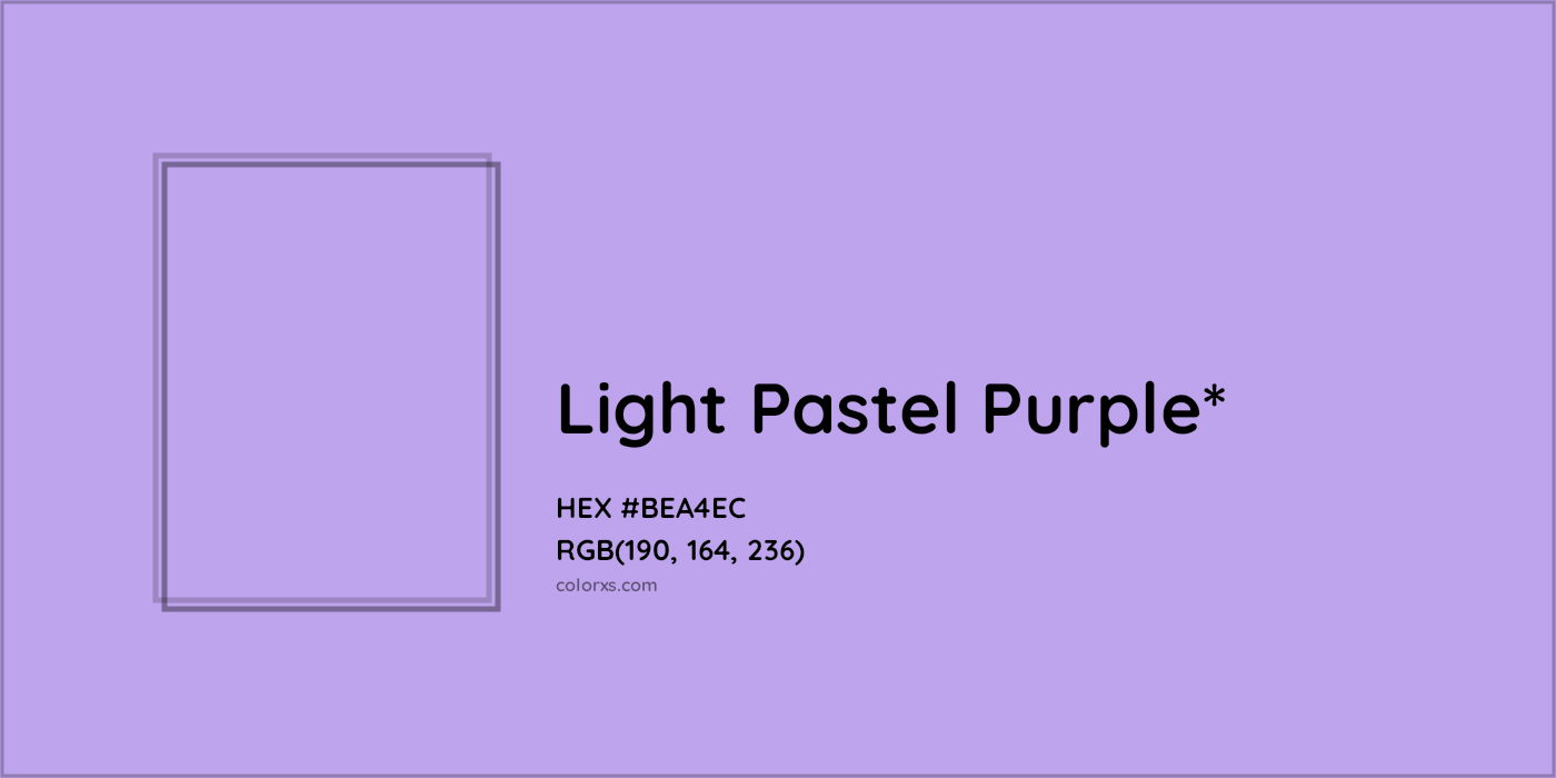 #BEA4EC hex color. RGB, RYB, CMYK, HSL, HSV codes and color conversions. Matching color names, palettes, paints.