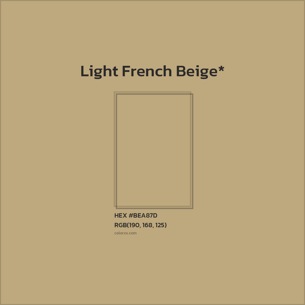 #BEA87D hex color. RGB, RYB, CMYK, HSL, HSV codes and color conversions. Matching color names, palettes, paints.