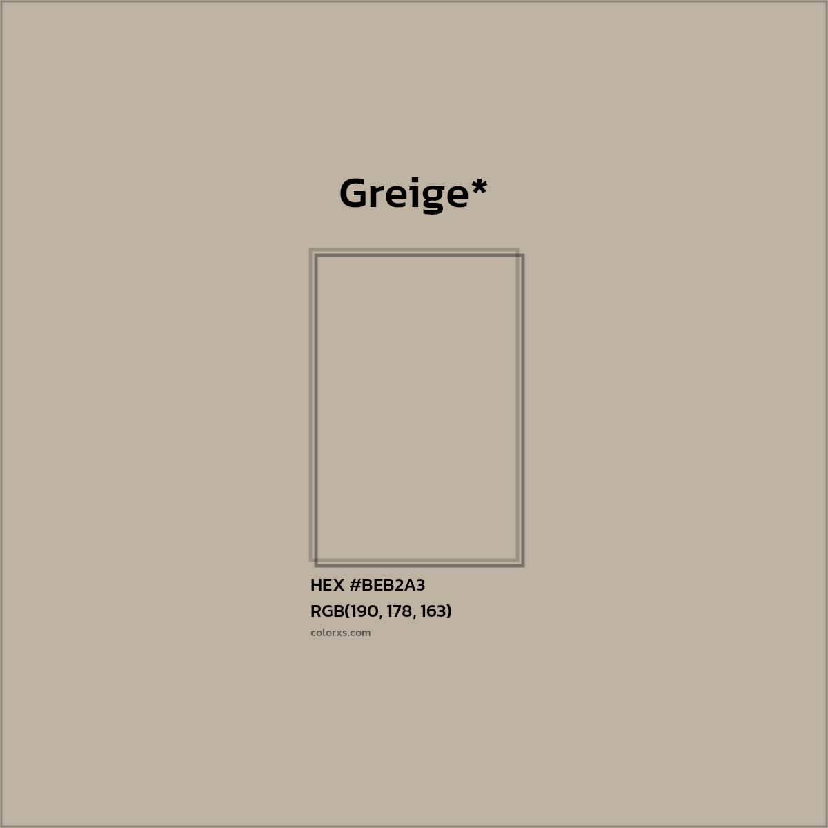 #BEB2A3 hex color. RGB, RYB, CMYK, HSL, HSV codes and color conversions. Matching color names, palettes, paints.