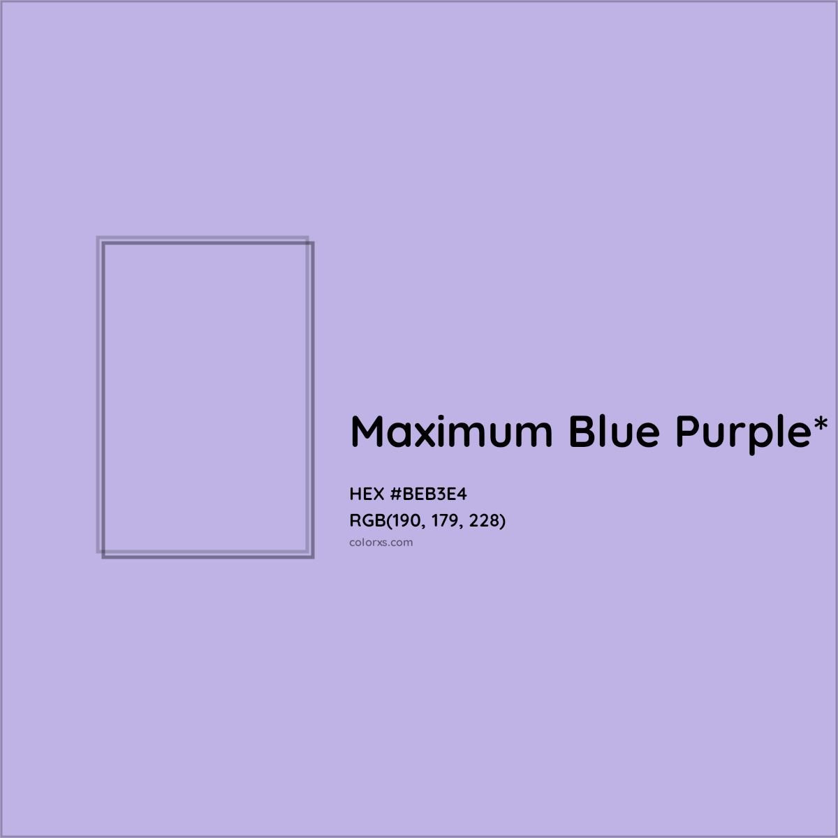 #BEB3E4 hex color. RGB, RYB, CMYK, HSL, HSV codes and color conversions. Matching color names, palettes, paints.