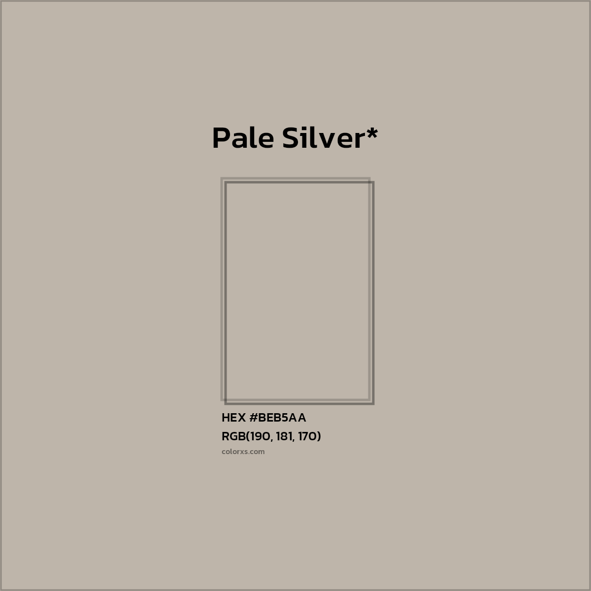 #BEB5AA hex color. RGB, RYB, CMYK, HSL, HSV codes and color conversions. Matching color names, palettes, paints.
