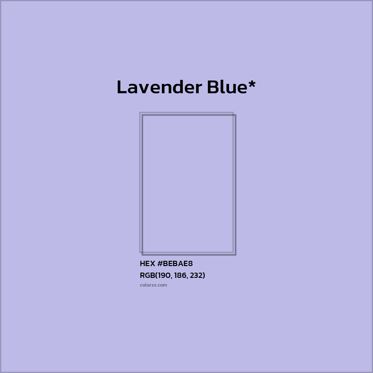 #BEBAE8 hex color. RGB, RYB, CMYK, HSL, HSV codes and color conversions. Matching color names, palettes, paints.