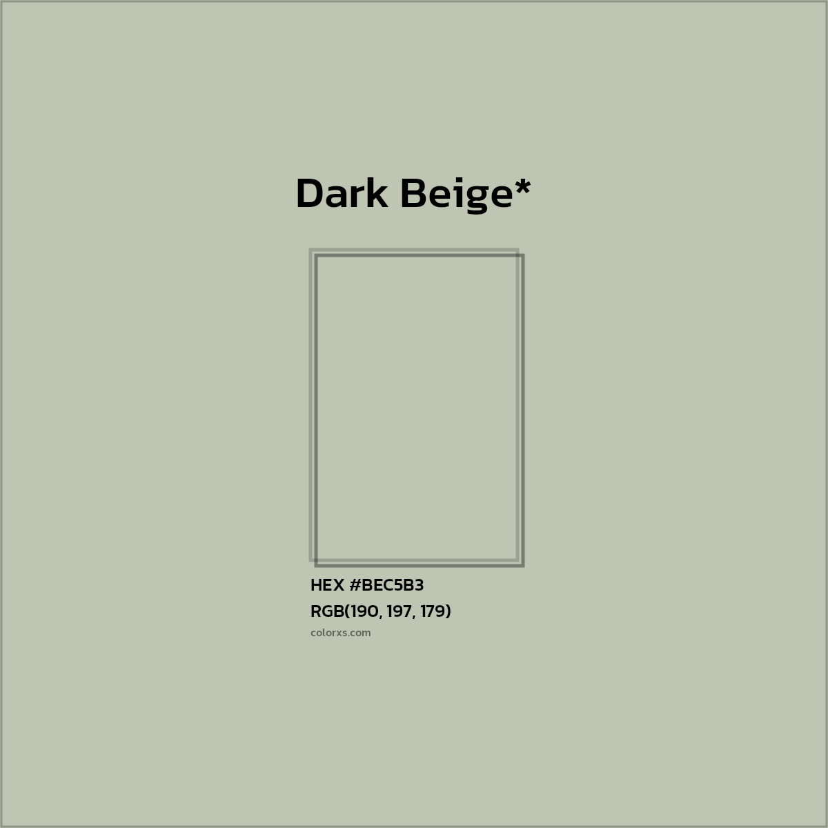 #BEC5B3 hex color. RGB, RYB, CMYK, HSL, HSV codes and color conversions. Matching color names, palettes, paints.