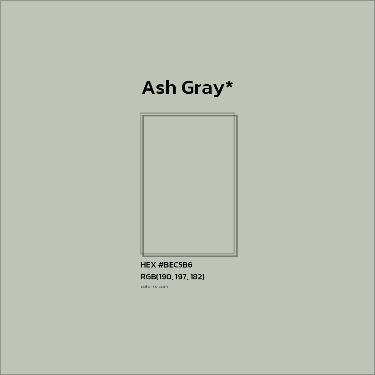 #BEC5B6 hex color. RGB, RYB, CMYK, HSL, HSV codes and color conversions. Matching color names, palettes, paints.