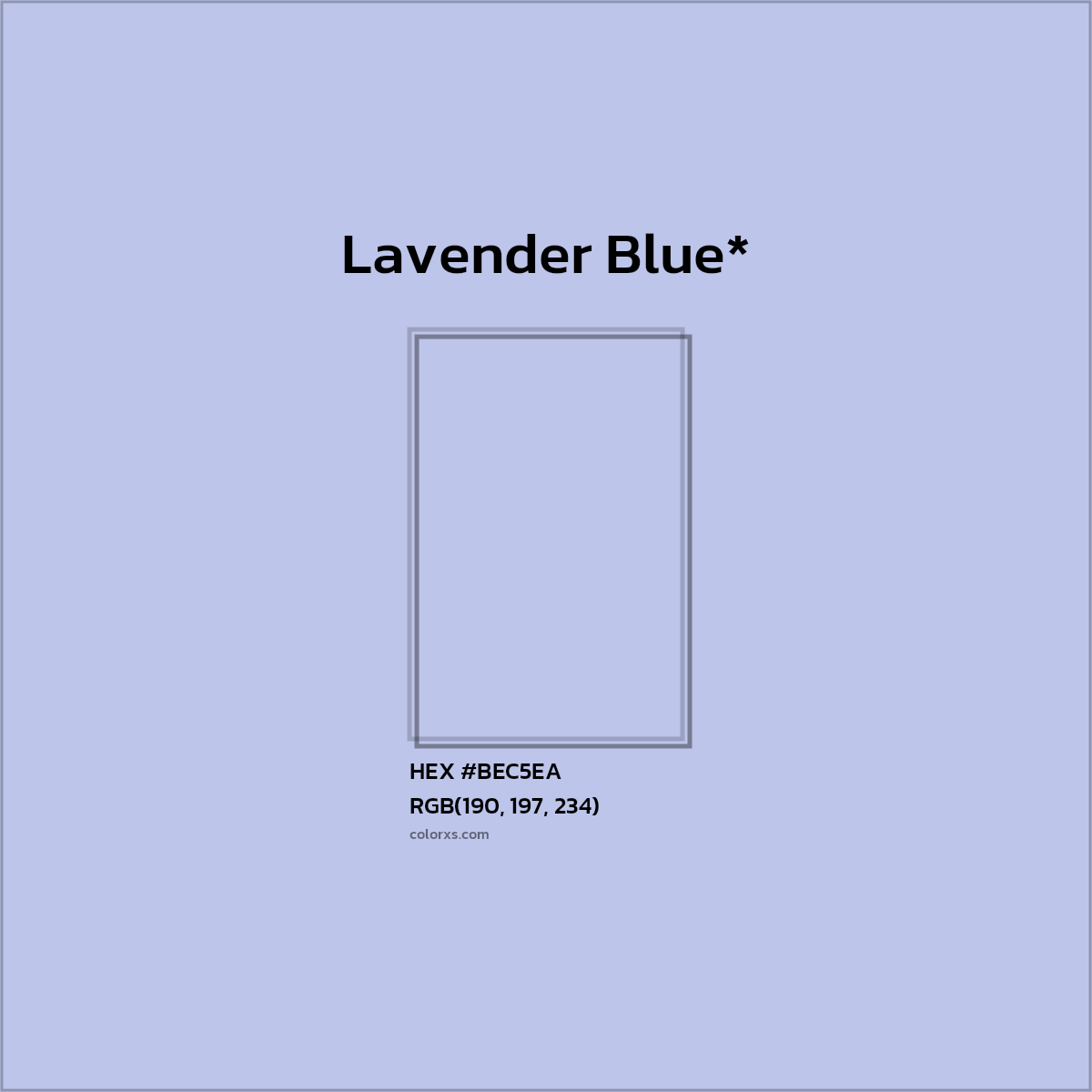 #BEC5EA hex color. RGB, RYB, CMYK, HSL, HSV codes and color conversions. Matching color names, palettes, paints.
