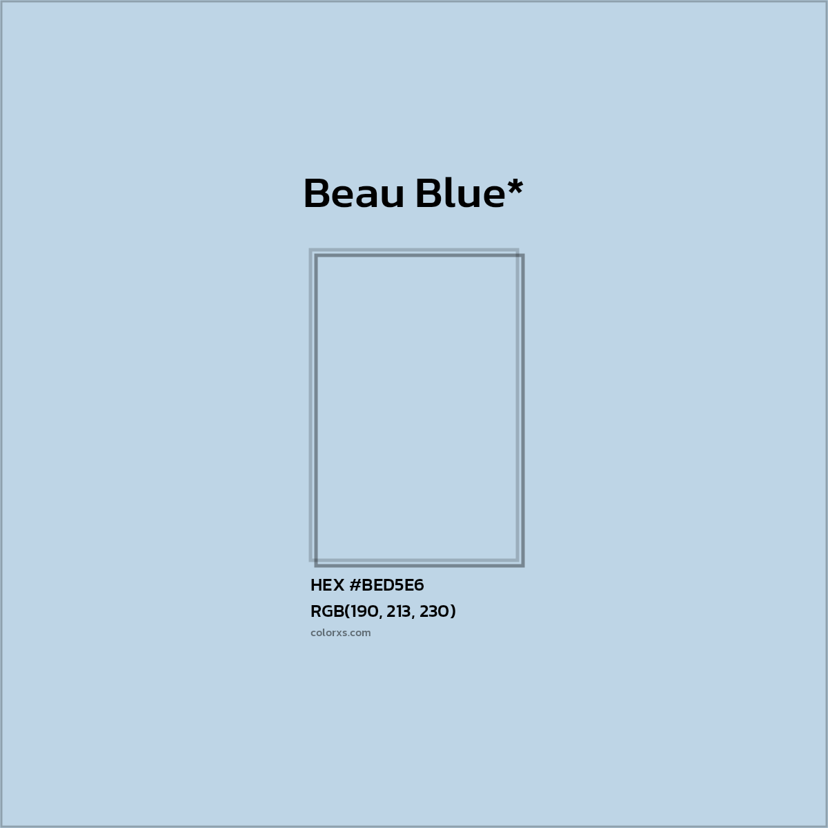 #BED5E6 hex color. RGB, RYB, CMYK, HSL, HSV codes and color conversions. Matching color names, palettes, paints.