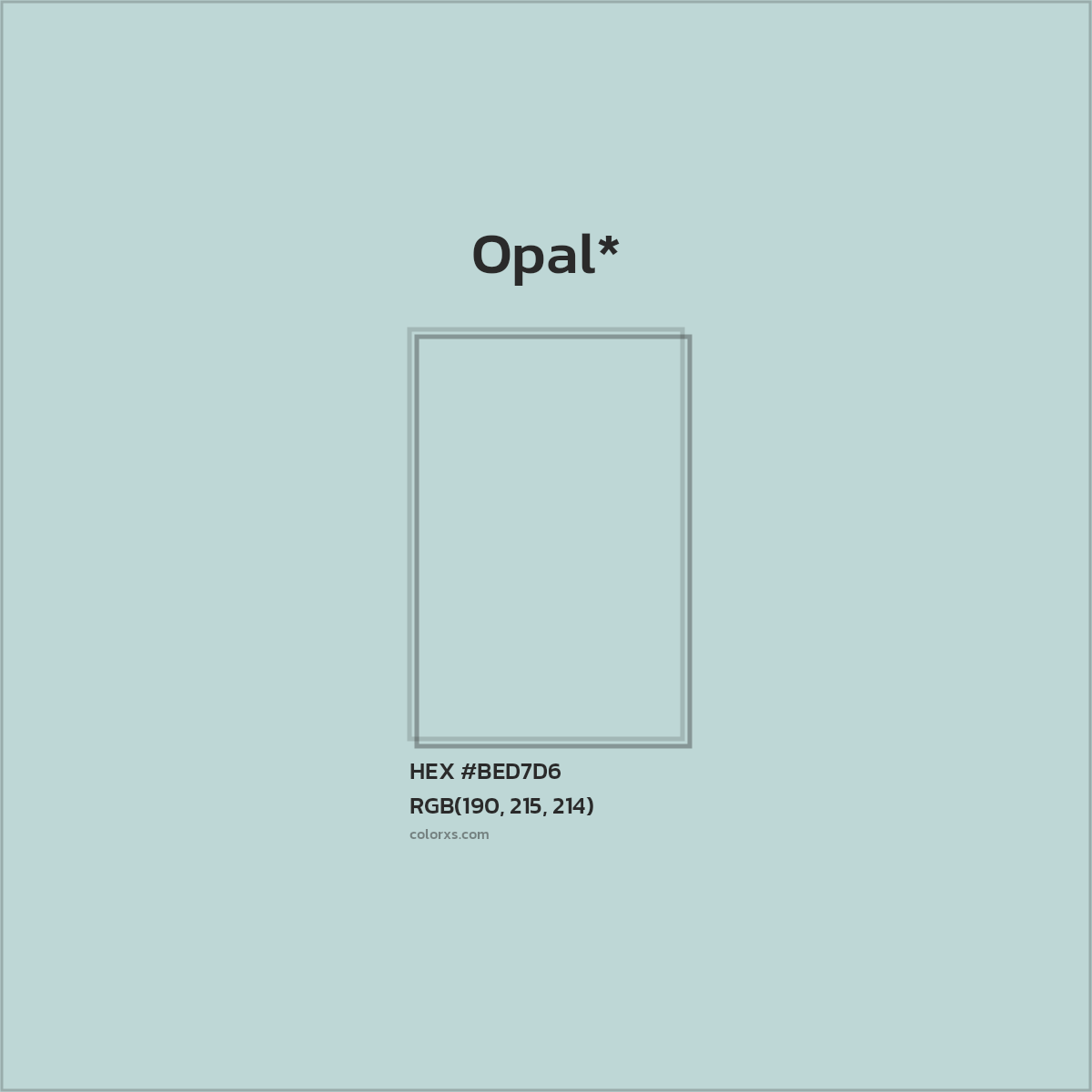 #BED7D6 hex color. RGB, RYB, CMYK, HSL, HSV codes and color conversions. Matching color names, palettes, paints.