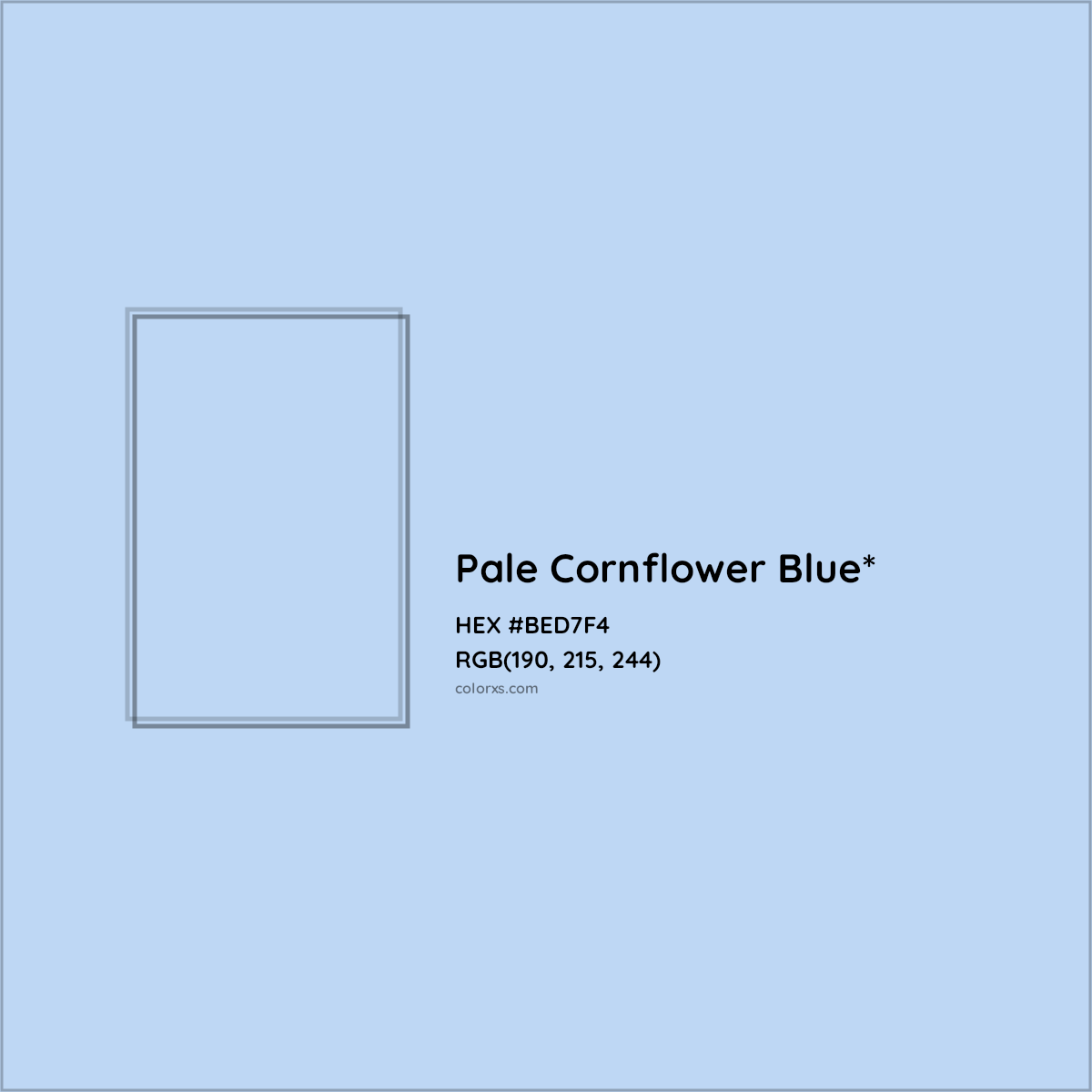 #BED7F4 hex color. RGB, RYB, CMYK, HSL, HSV codes and color conversions. Matching color names, palettes, paints.