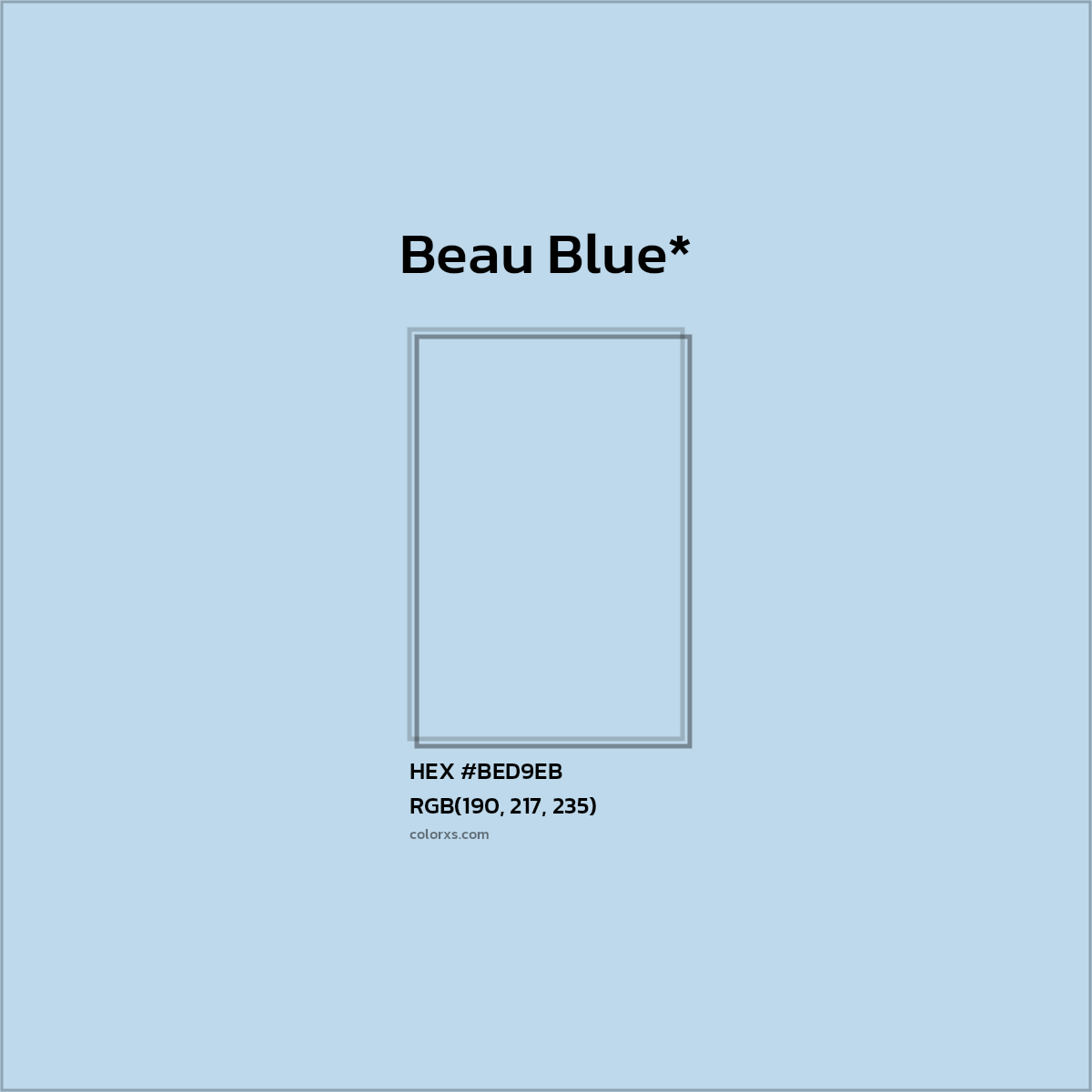 #BED9EB hex color. RGB, RYB, CMYK, HSL, HSV codes and color conversions. Matching color names, palettes, paints.
