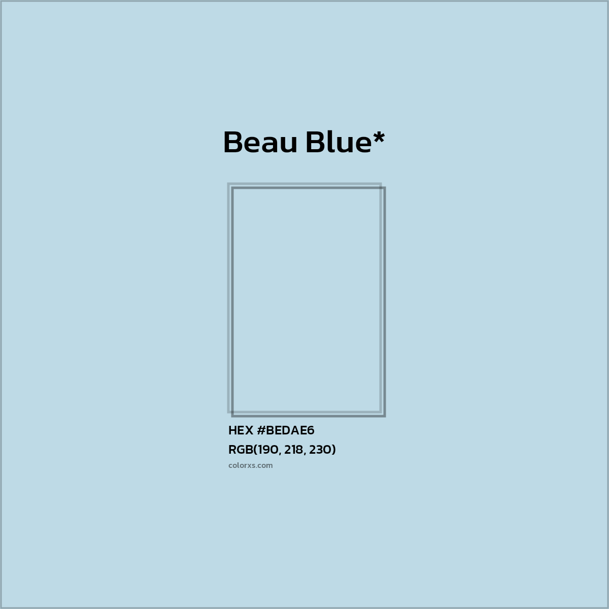 #BEDAE6 hex color. RGB, RYB, CMYK, HSL, HSV codes and color conversions. Matching color names, palettes, paints.