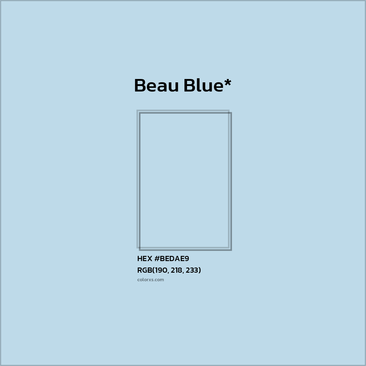 #BEDAE9 hex color. RGB, RYB, CMYK, HSL, HSV codes and color conversions. Matching color names, palettes, paints.