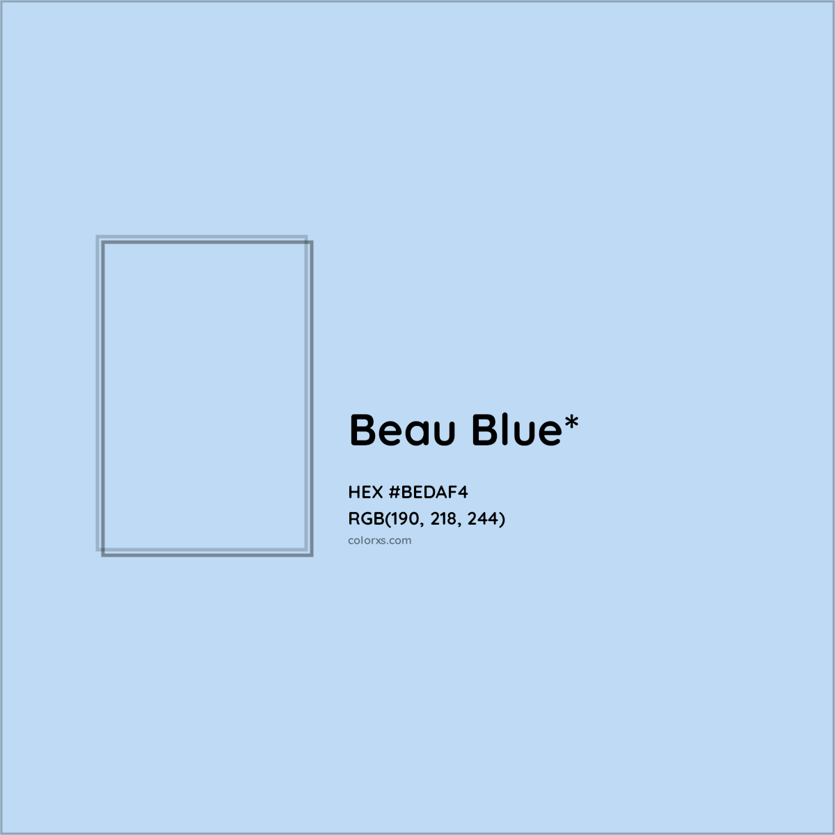 #BEDAF4 hex color. RGB, RYB, CMYK, HSL, HSV codes and color conversions. Matching color names, palettes, paints.