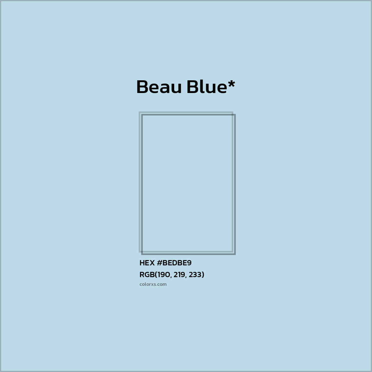 #BEDBE9 hex color. RGB, RYB, CMYK, HSL, HSV codes and color conversions. Matching color names, palettes, paints.