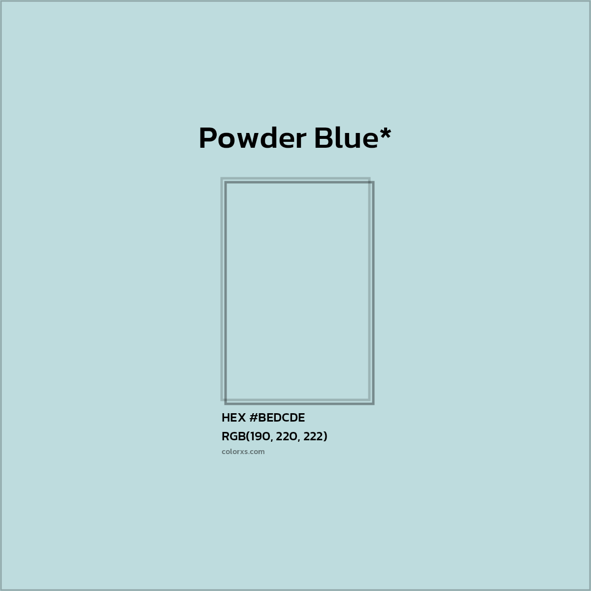 #BEDCDE hex color. RGB, RYB, CMYK, HSL, HSV codes and color conversions. Matching color names, palettes, paints.