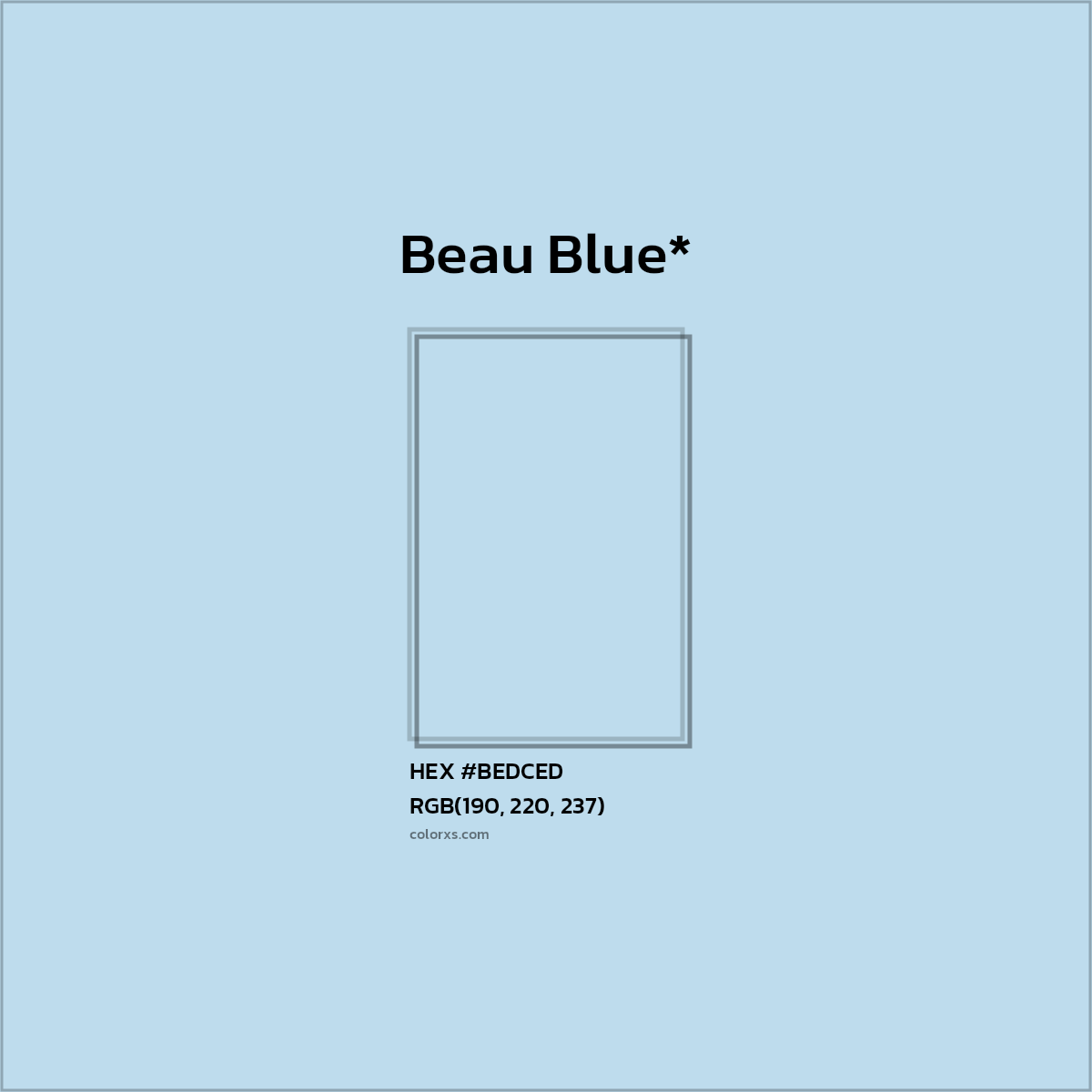 #BEDCED hex color. RGB, RYB, CMYK, HSL, HSV codes and color conversions. Matching color names, palettes, paints.