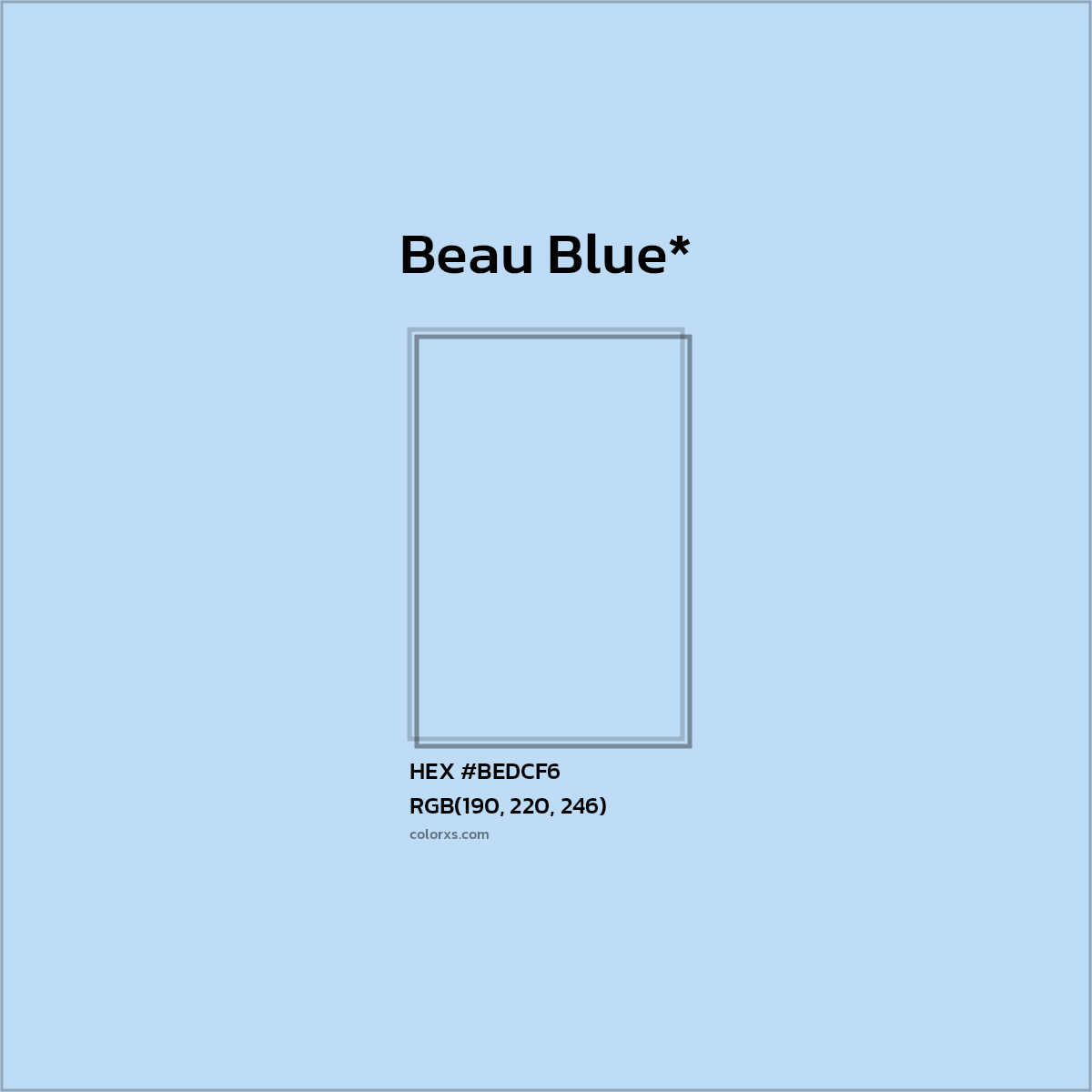 #BEDCF6 hex color. RGB, RYB, CMYK, HSL, HSV codes and color conversions. Matching color names, palettes, paints.