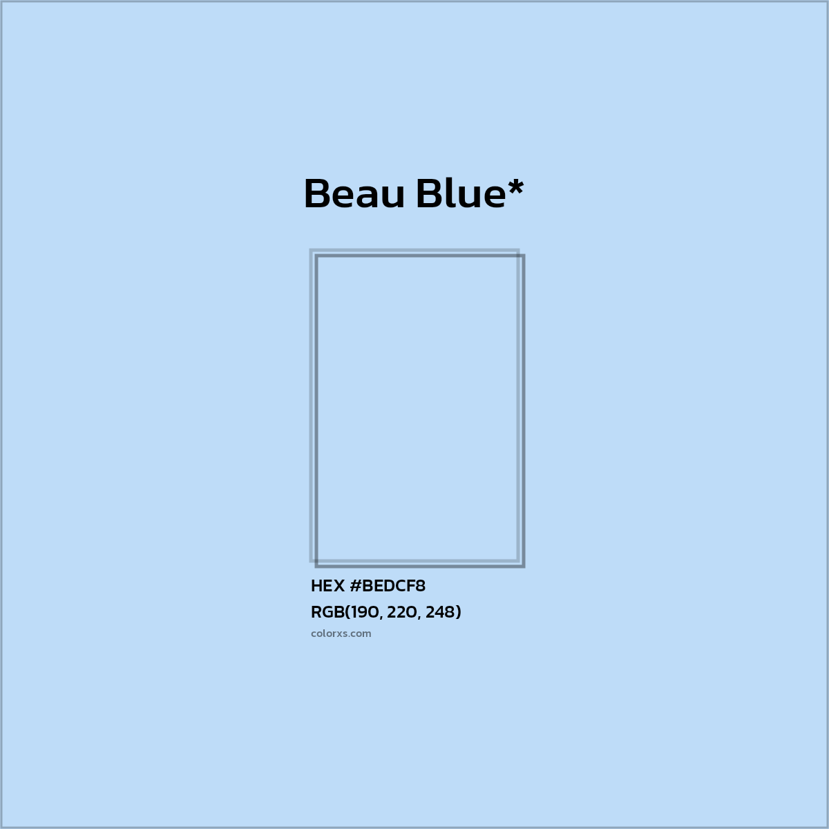 #BEDCF8 hex color. RGB, RYB, CMYK, HSL, HSV codes and color conversions. Matching color names, palettes, paints.
