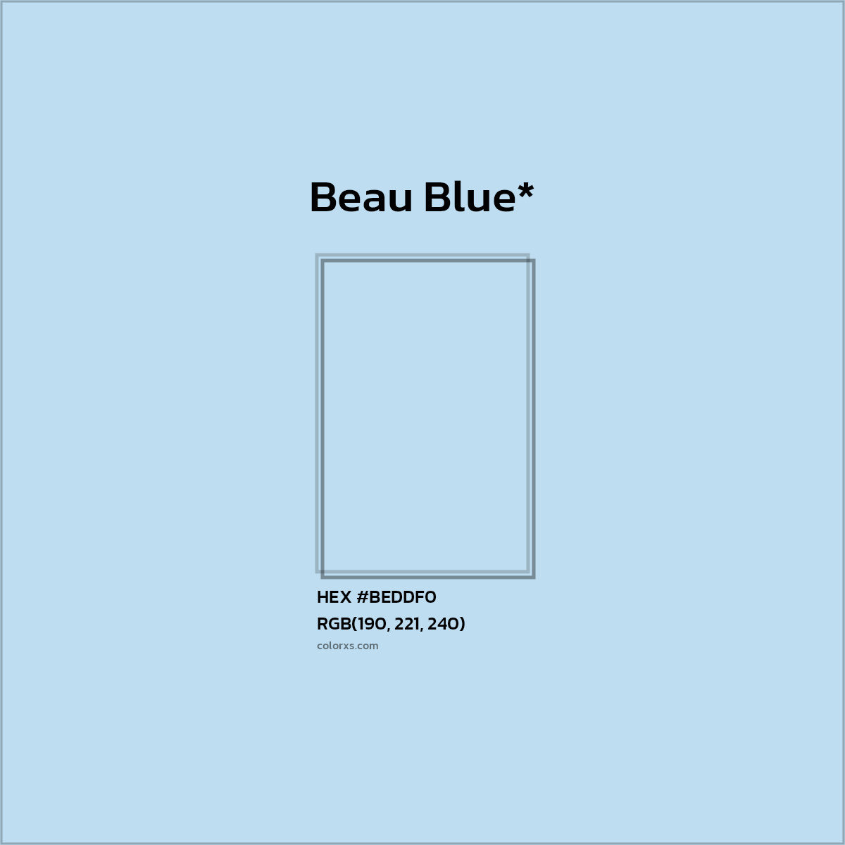 #BEDDF0 hex color. RGB, RYB, CMYK, HSL, HSV codes and color conversions. Matching color names, palettes, paints.
