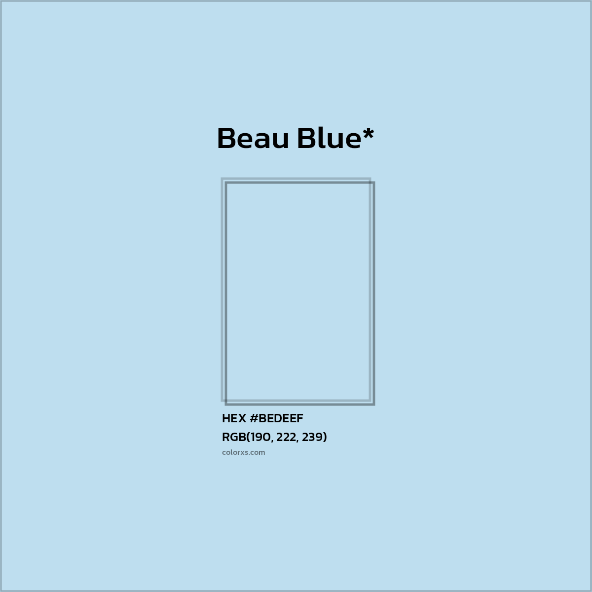 #BEDEEF hex color. RGB, RYB, CMYK, HSL, HSV codes and color conversions. Matching color names, palettes, paints.