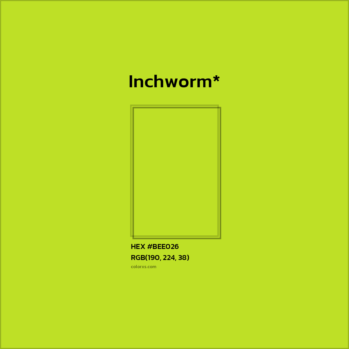 #BEE026 hex color. RGB, RYB, CMYK, HSL, HSV codes and color conversions. Matching color names, palettes, paints.