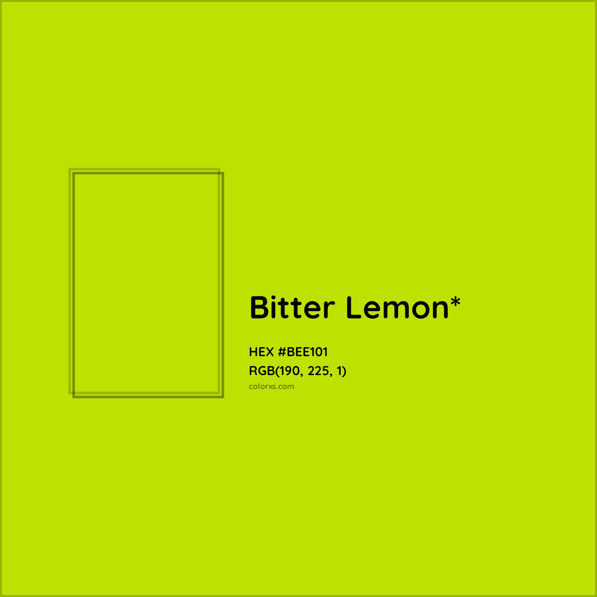 #BEE101 hex color. RGB, RYB, CMYK, HSL, HSV codes and color conversions. Matching color names, palettes, paints.