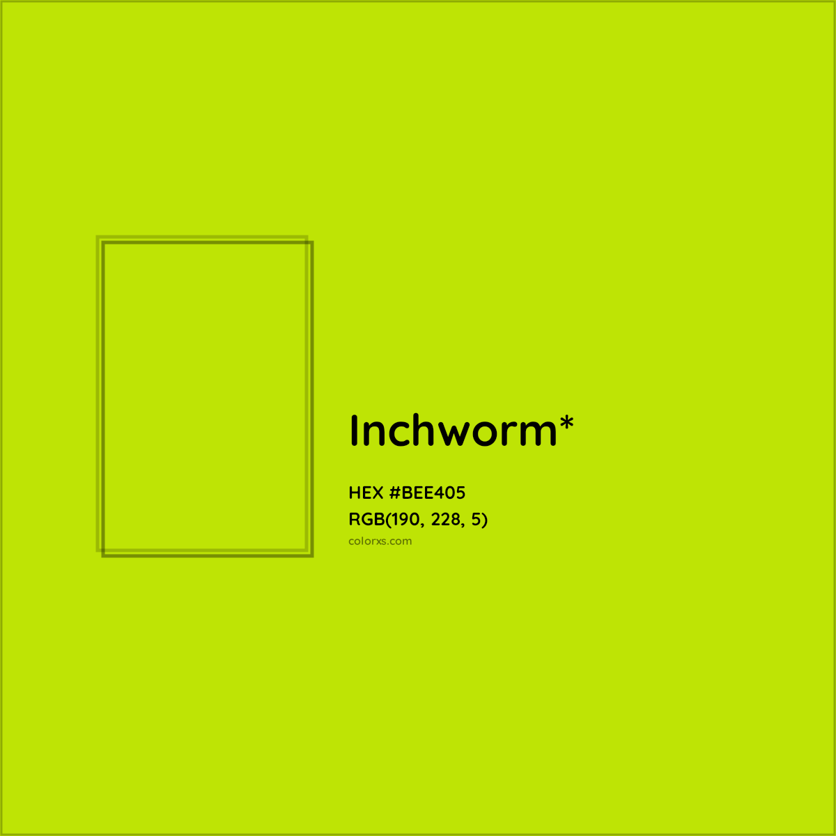 #BEE405 hex color. RGB, RYB, CMYK, HSL, HSV codes and color conversions. Matching color names, palettes, paints.