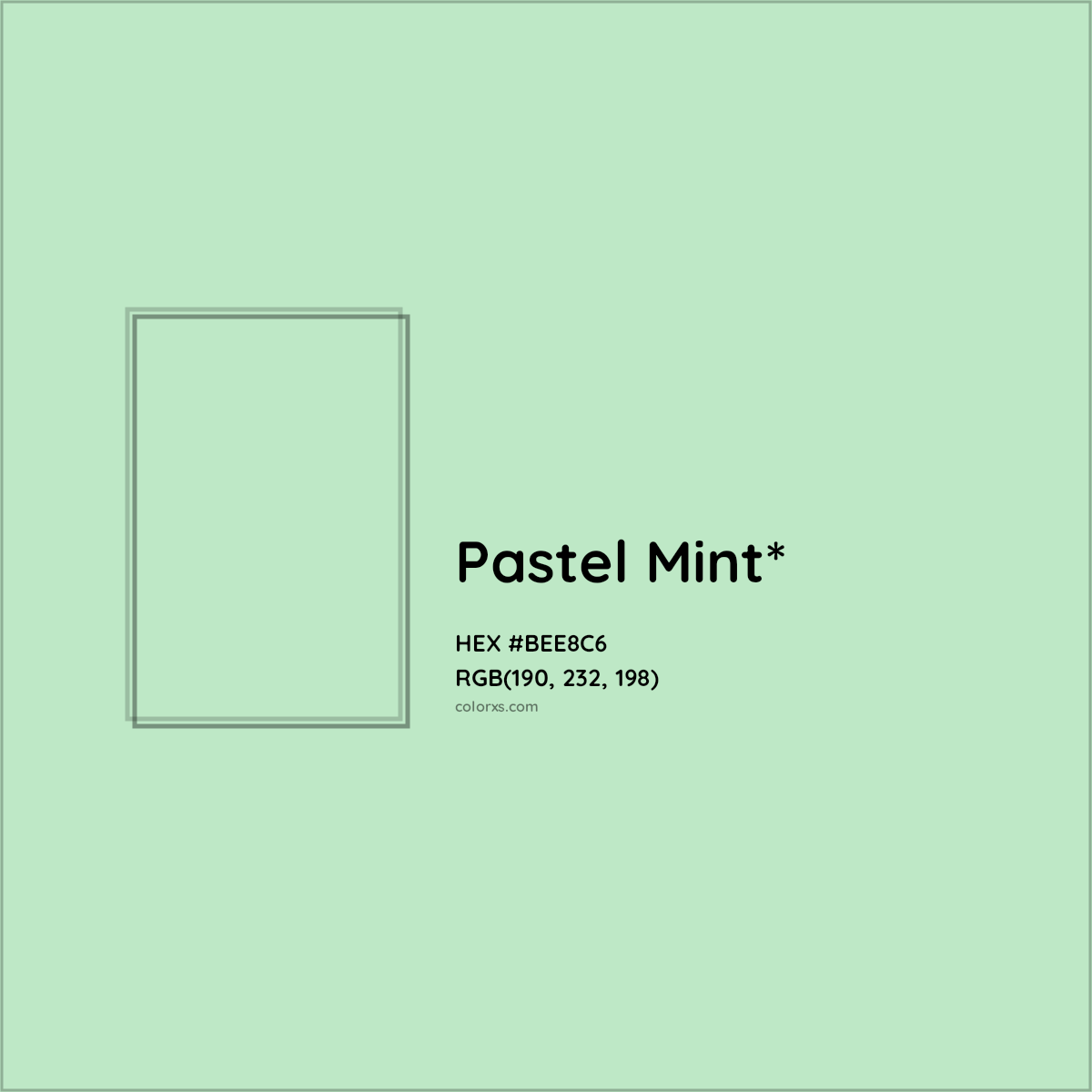 #BEE8C6 hex color. RGB, RYB, CMYK, HSL, HSV codes and color conversions. Matching color names, palettes, paints.