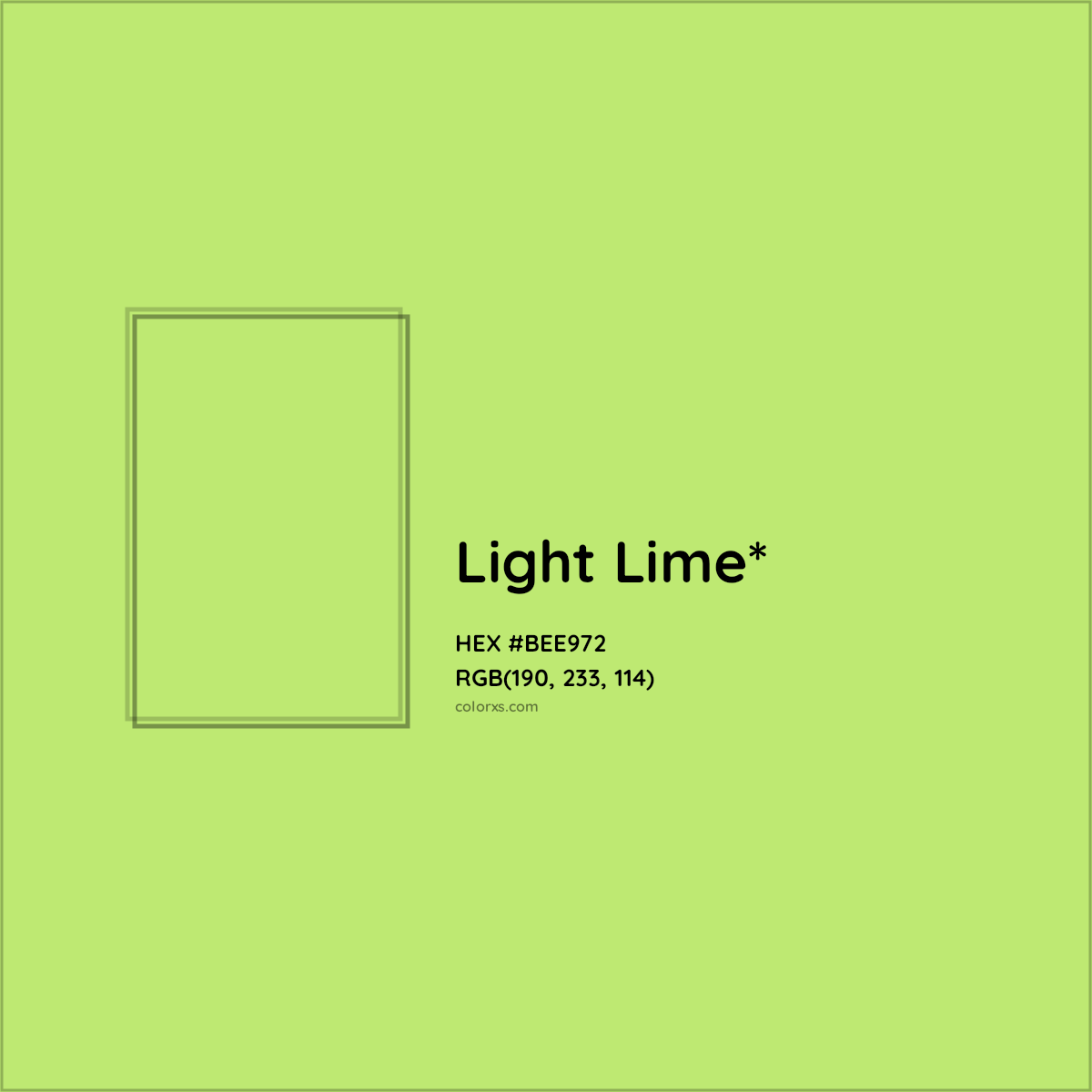 #BEE972 hex color. RGB, RYB, CMYK, HSL, HSV codes and color conversions. Matching color names, palettes, paints.