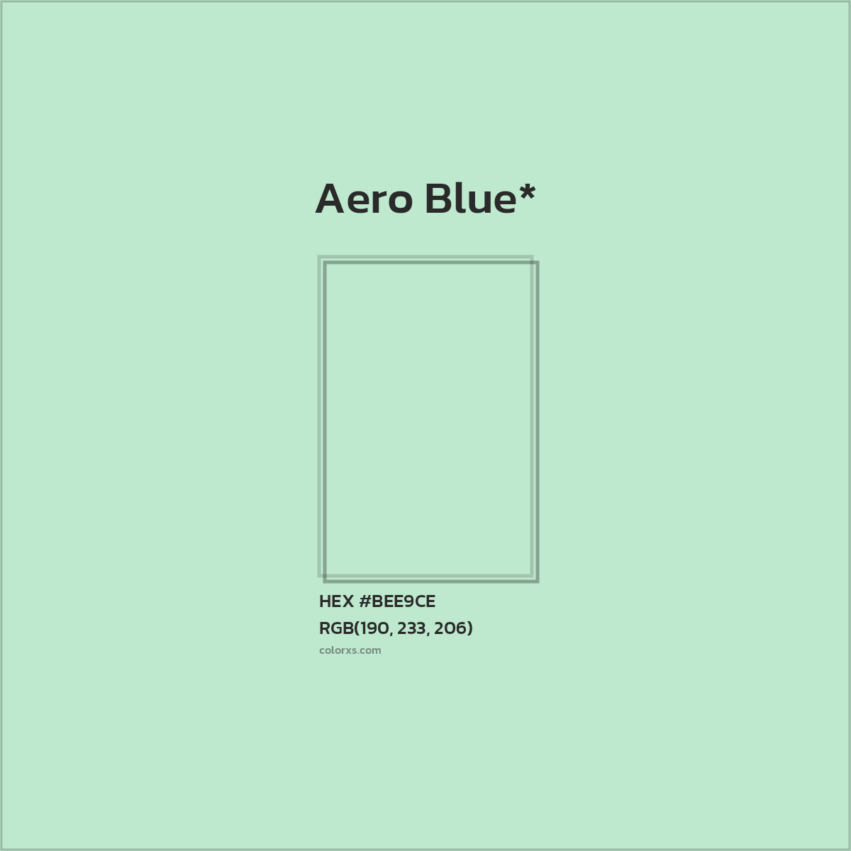 #BEE9CE hex color. RGB, RYB, CMYK, HSL, HSV codes and color conversions. Matching color names, palettes, paints.