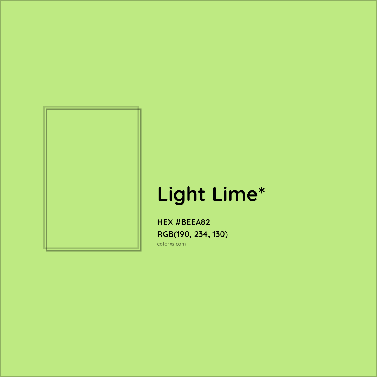 #BEEA82 hex color. RGB, RYB, CMYK, HSL, HSV codes and color conversions. Matching color names, palettes, paints.