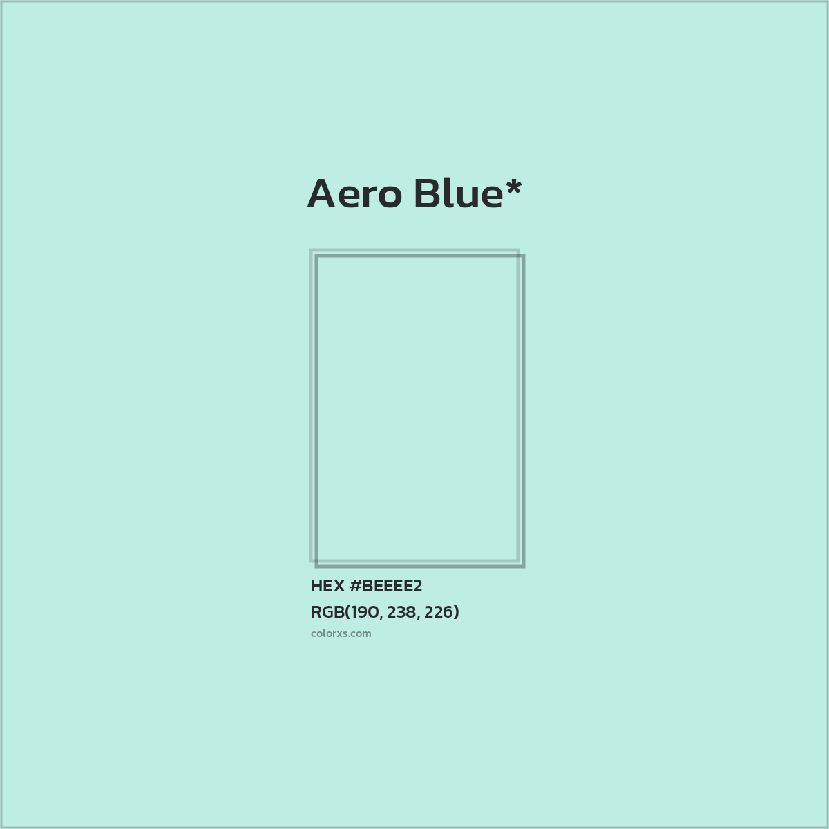 #BEEEE2 hex color. RGB, RYB, CMYK, HSL, HSV codes and color conversions. Matching color names, palettes, paints.
