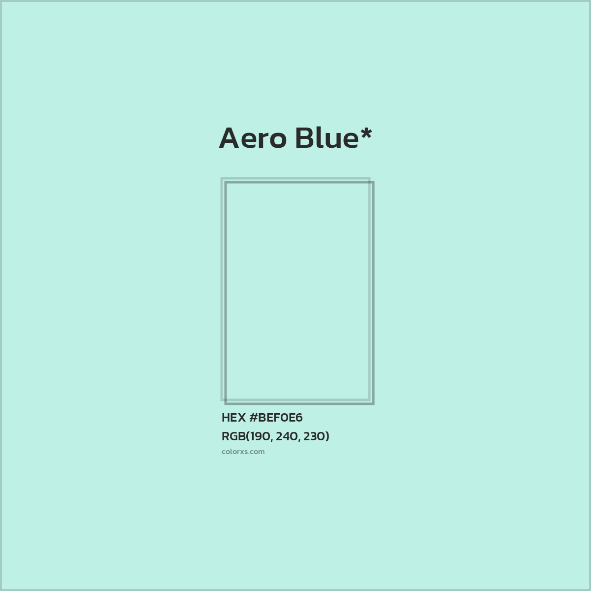 #BEF0E6 hex color. RGB, RYB, CMYK, HSL, HSV codes and color conversions. Matching color names, palettes, paints.